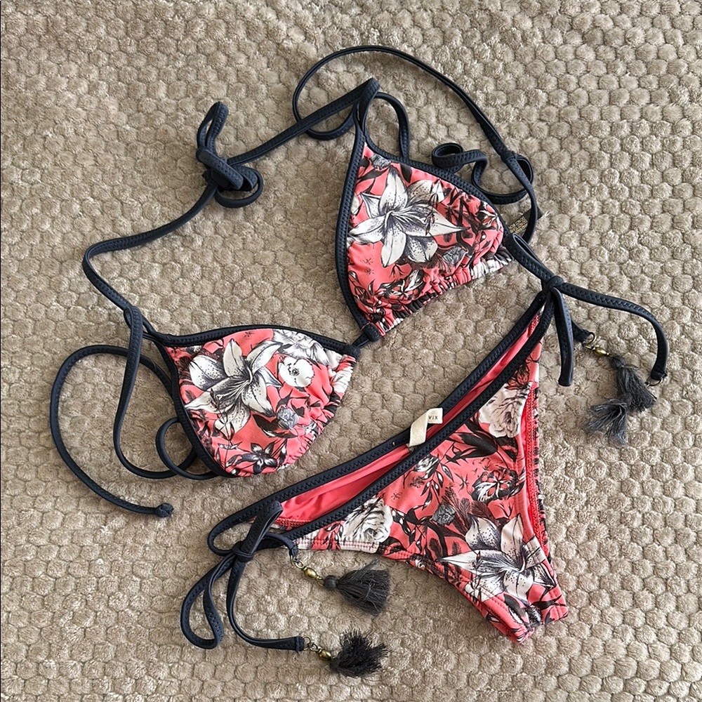 SOFIA by ViX Floral Bikini in Coral and navy